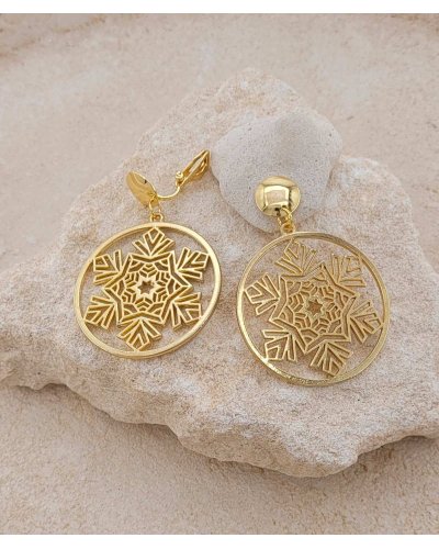 Boucles d'oreilles clips filigrane flocon doré (non percées)