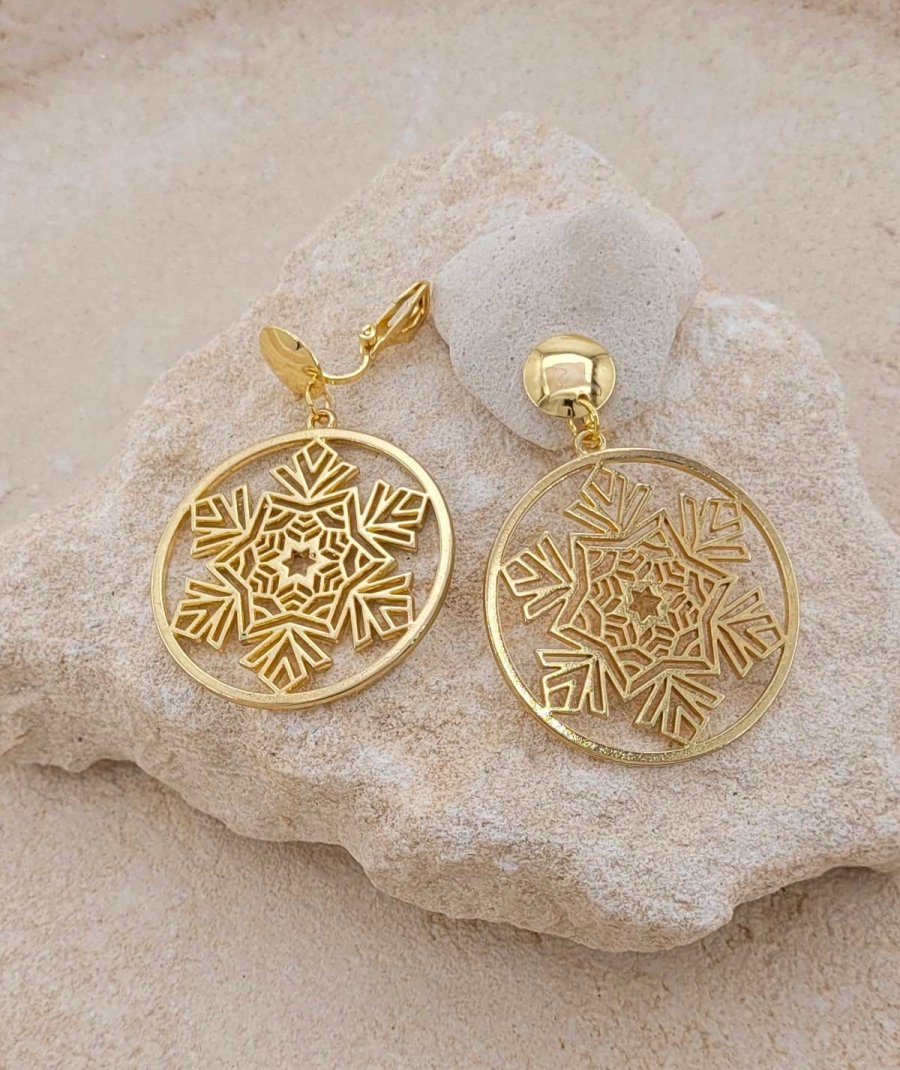 Boucles d'oreilles clips filigrane flocon doré (non percées)