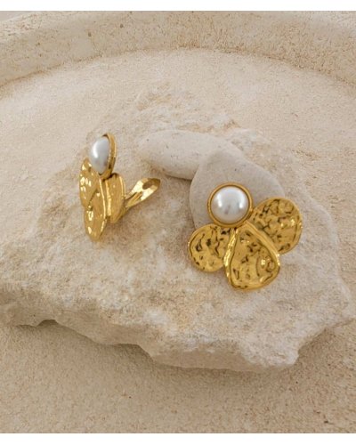 Boucles d'oreilles clip acier doré perle et pétales