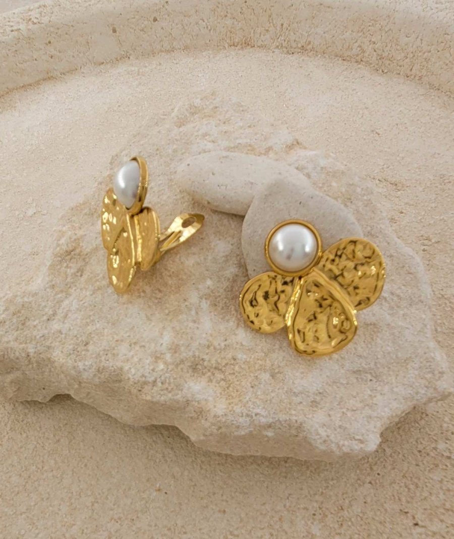 Boucles d'oreilles clip acier doré perle et pétales