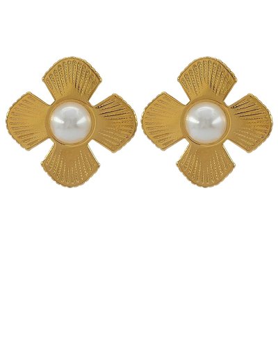 Clip d'oreilles acier doré fleur géométrique et perle ronde