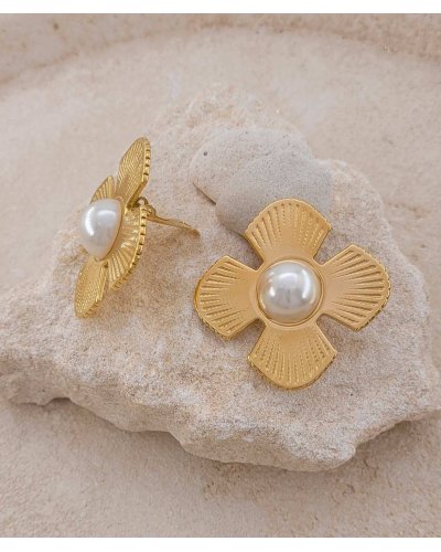 Clip d'oreilles acier doré fleur géométrique et perle ronde