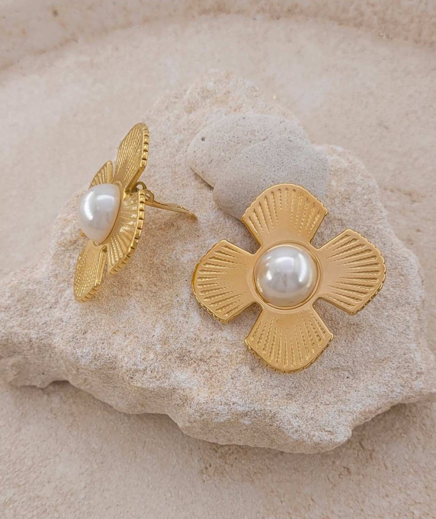 Clip d'oreilles acier doré fleur géométrique et perle ronde