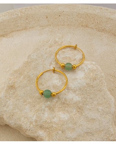 Créoles clip acier doré aventurine verte