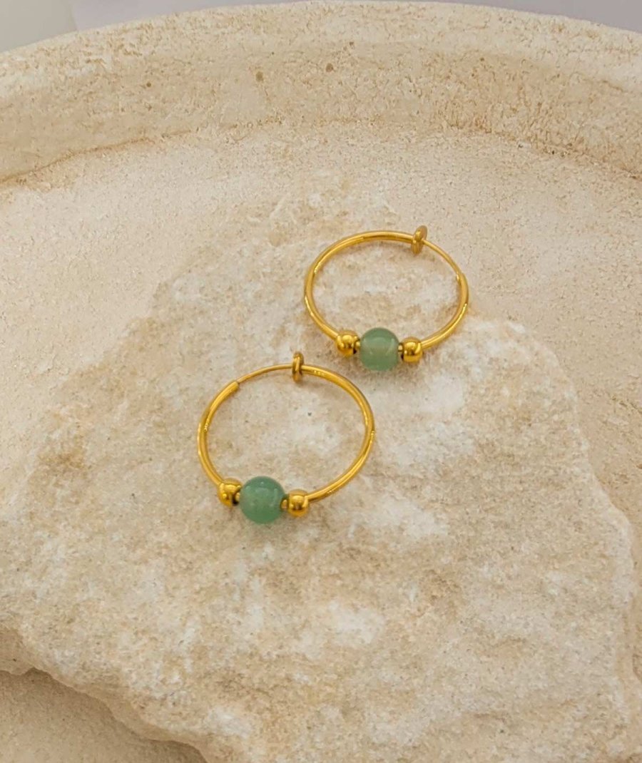 Créoles clip acier doré aventurine verte