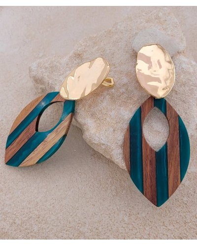 Très grandes boucles oreilles clips bois vert canard Confort quotidien – Création Tara Pépita