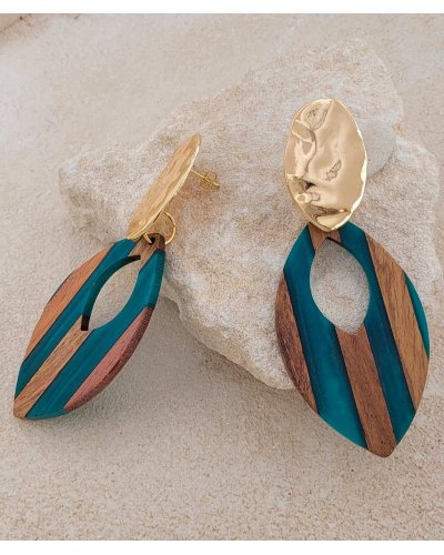 Très grandes boucles oreilles bois vert canard