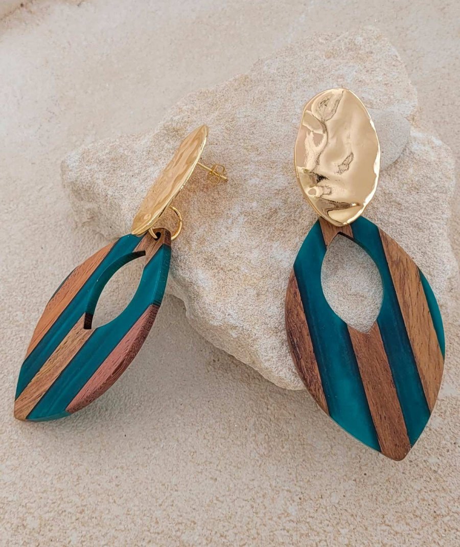 Très grandes boucles oreilles bois vert canard