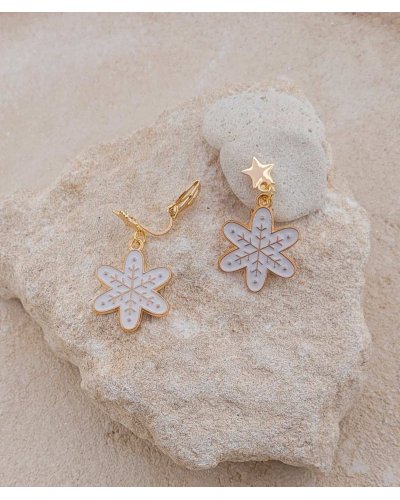 Boucles d'oreilles clip flocon blanc et or Ultra-confort – Création Tara Pépita
