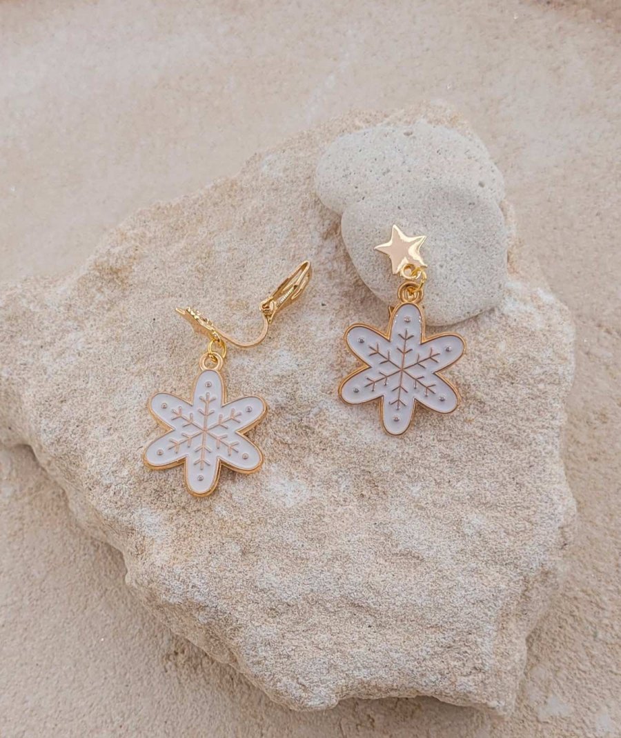 Boucles d'oreilles clip flocon blanc et or Ultra-confort – Création Tara Pépita