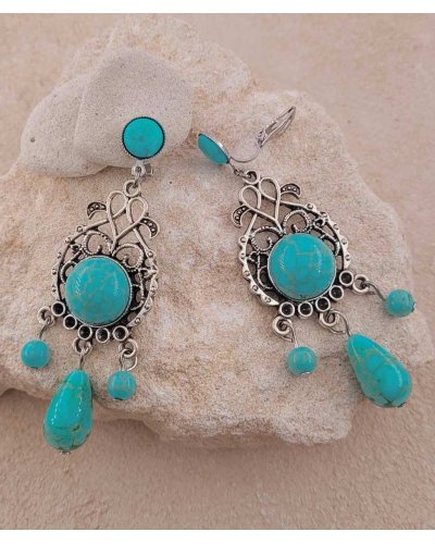 Boucles D'oreilles Vintage Argent Et Turquoise - Clips - Art-Deco - Occasion