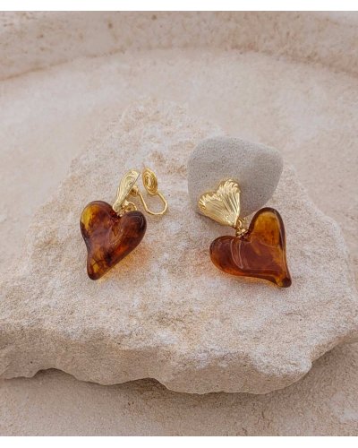 Boucles oreilles clips coeur ambre Ultra-confort