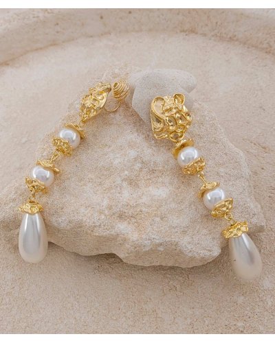 Boucles d'oreilles clips pendantes couture, perles et doré, pour une allure élégante