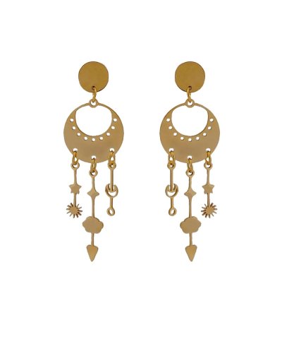 Boucles d’oreilles clips acier doré avec créole et breloques soleil lune nuage étoile pour oreilles non percées