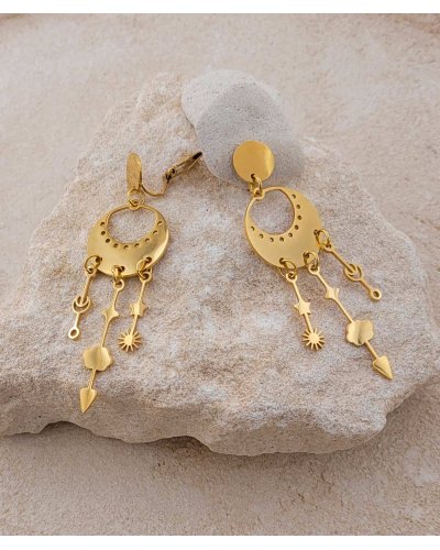 Boucles d’oreilles clips acier doré avec créole et breloques soleil lune nuage étoile pour oreilles non percées