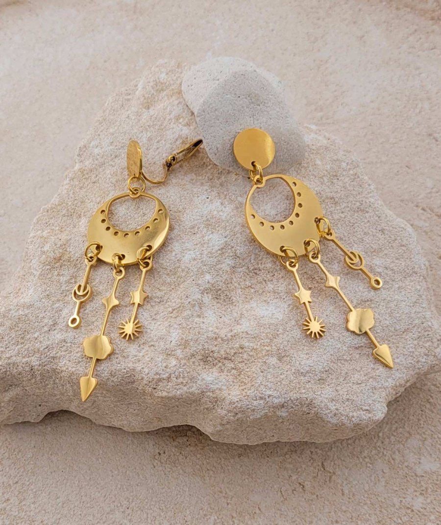 Boucles d’oreilles clips acier doré avec créole et breloques soleil lune nuage étoile pour oreilles non percées
