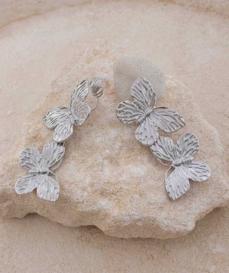 boucles d’oreilles clips papillons rhodiés pendants pour oreilles non percées