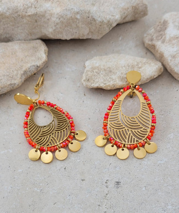 Boucles d'oreilles clips non percées à pampilles tons rouge corail taille moyenne - L'ultra-confort par Tara Pépita