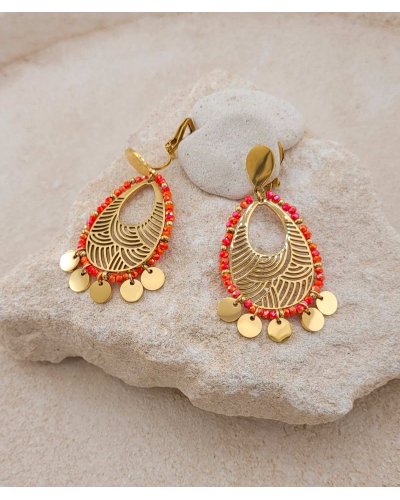 Boucles d'oreilles clips non percées à pampilles tons rouge corail taille moyenne - L'ultra-confort par Tara Pépita