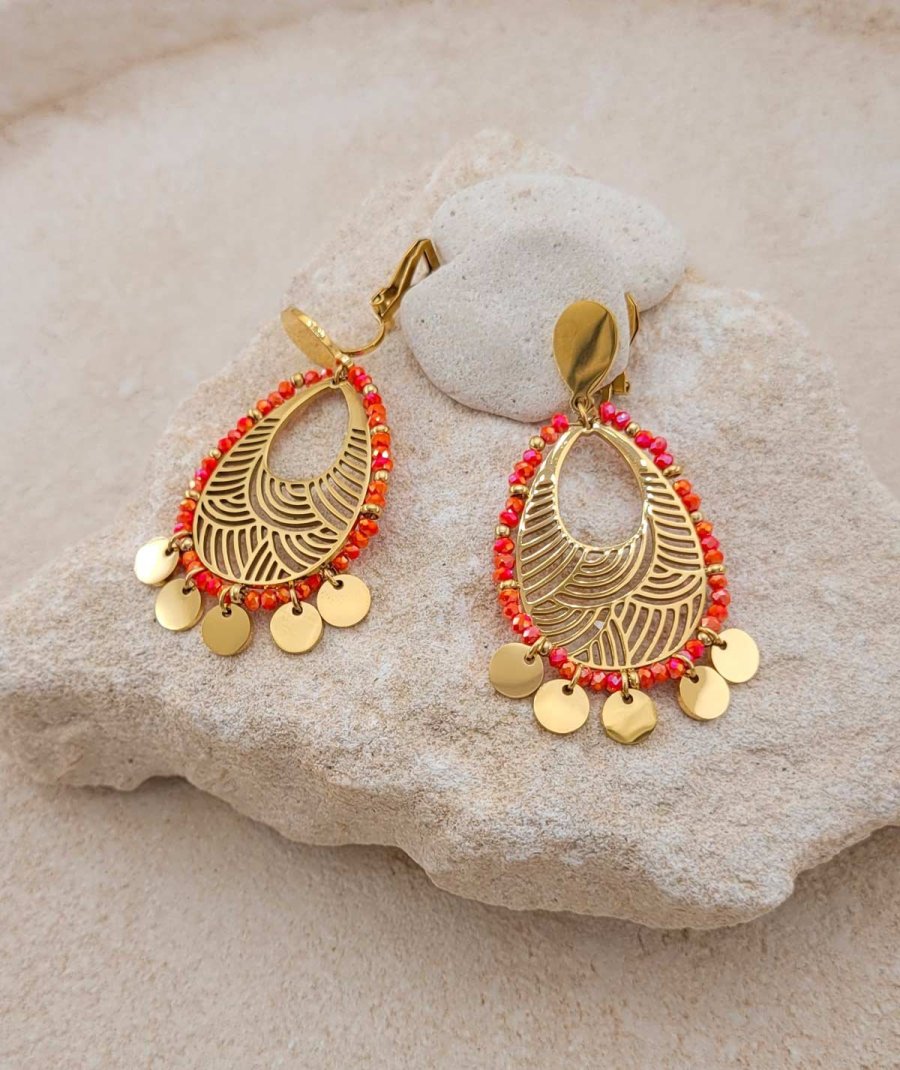 Boucles d'oreilles clips non percées à pampilles tons rouge corail taille moyenne - L'ultra-confort par Tara Pépita