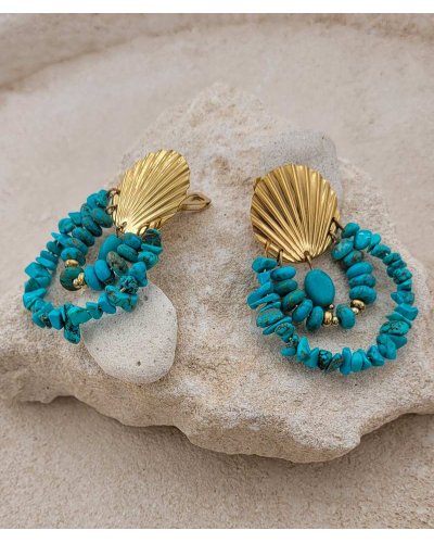 Boucles d'oreilles à clips coquille acier doré et turquoise - L'ultra-confort par Tara Pépita