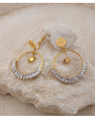 boucles d'oreilles anneau fin en acier doré et cristal élégantes et tendance - L'ultra-confort par Tara Pépita