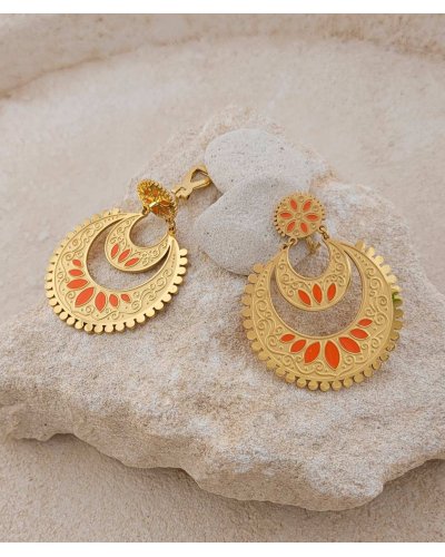 Boucles d'oreilles à clips acier doré et orange légères et résistantes dans un style oriental  - L'ultra-confort par Tara Pépita