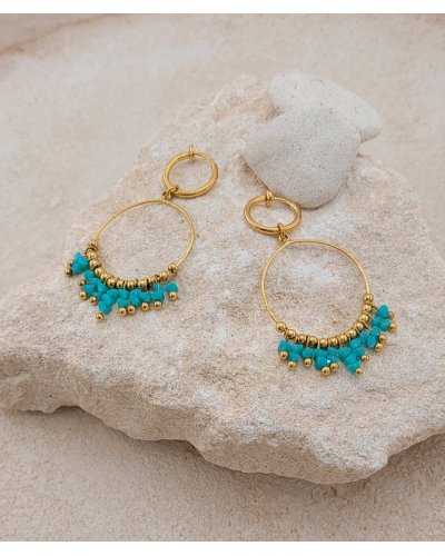 Boucles d'oreilles à clips montées sur créoles fines, en acier doré et cristal turquoise résistantes - Création Tara Pépita
