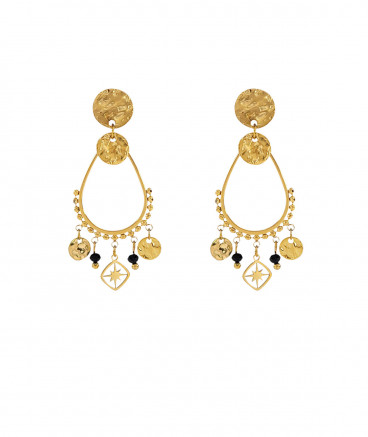 Boucles d'oreilles à clips tendance en acier doré martelé et cristal noir - Création Tara Pépita