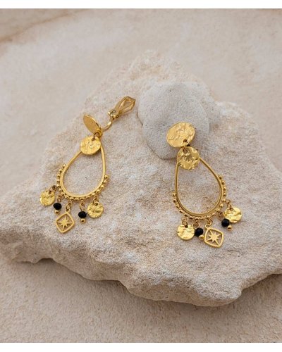 Boucles d'oreilles à clips tendance en acier doré martelé et cristal noir - Création Tara Pépita