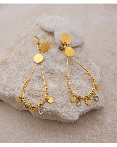 Boucles d'oreilles à clip en acier doré pendantes avec pampilles et zircon- Création Tara Pépita