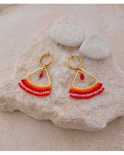 Boucles oreilles à créoles clips acier cristaux rouge orange discrètes - Création Tara Pépita