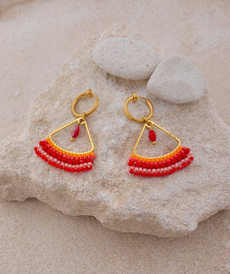 Boucles oreilles à créoles clips acier cristaux rouge orange discrètes - Création Tara Pépita