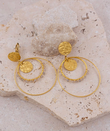 Boucles d'oreilles à clip tendance avec anneaux, pendentifs martelés et perles en cristal - L'ultra-confort par Tara Pépita