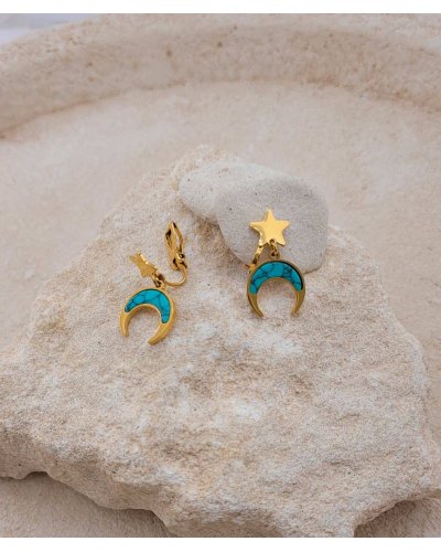 Petites boucles d'oreilles à clip Lune étoile turquoise - L'ultra-confort par Tara Pépita