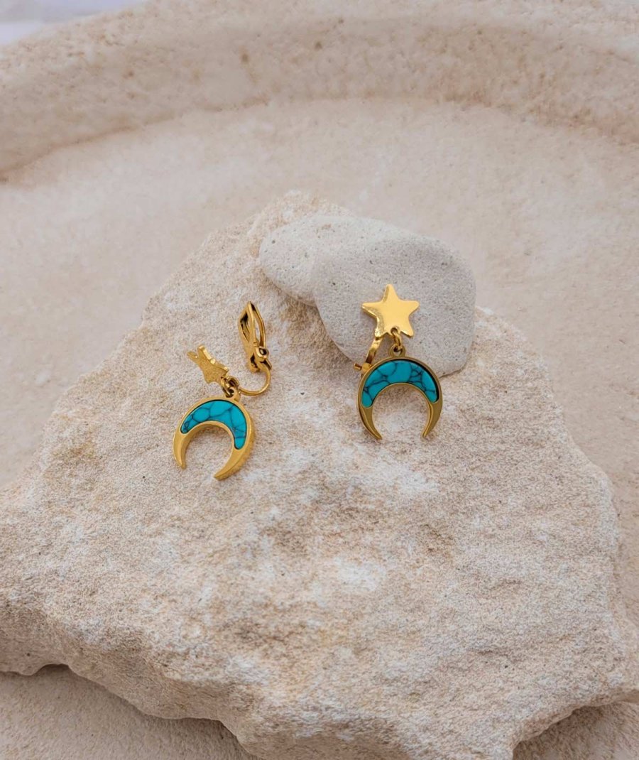 Petites boucles d'oreilles à clip Lune étoile turquoise - L'ultra-confort par Tara Pépita