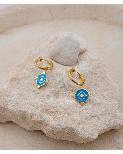 Boucles d'oreilles à clips charms bleu sur créole pour oreilles non percées - Création Tara Pépita