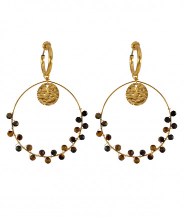 Boucles d'oreilles à clip sur fine créole dorée et perles oeil de tigre - Création Tara Pépita