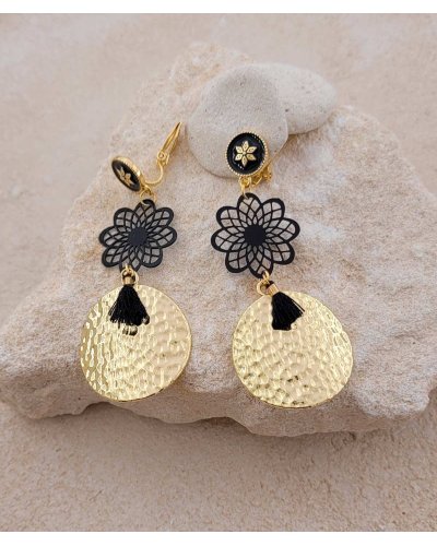 Boucles d'oreilles clip noires pendantes Ultra-confort – Création Tara Pépita