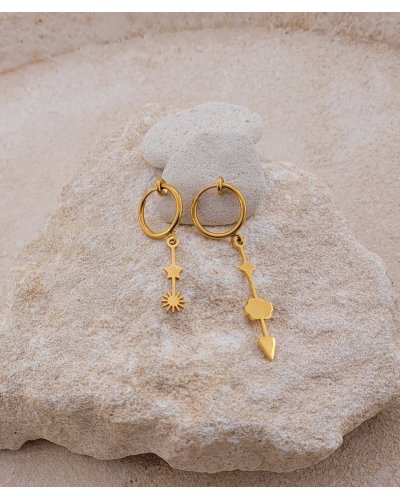 Boucles d'oreilles à clip asymétriques originales nuage soleil doré - Création Tara Pépita