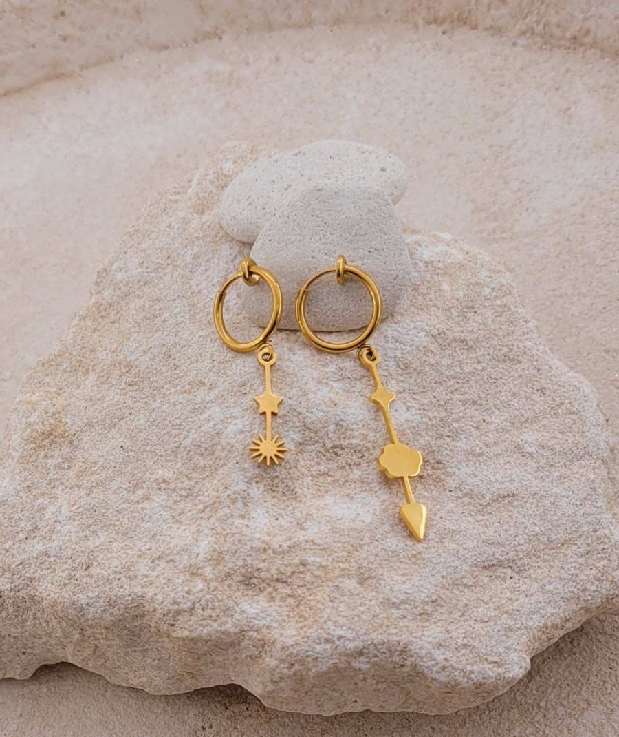 Boucles d'oreilles à clip asymétriques originales nuage soleil doré - Création Tara Pépita