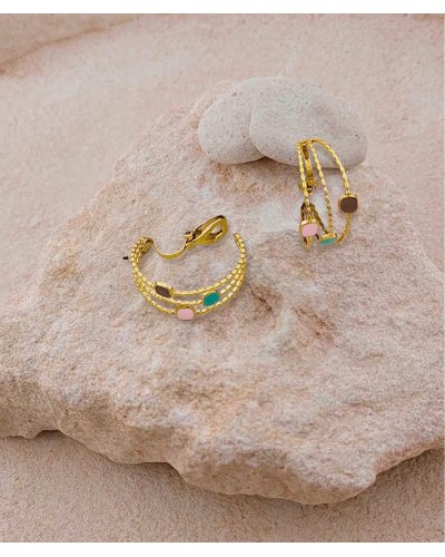 Créoles à clips en acier doré et couleurs marron, vert et rose très légères