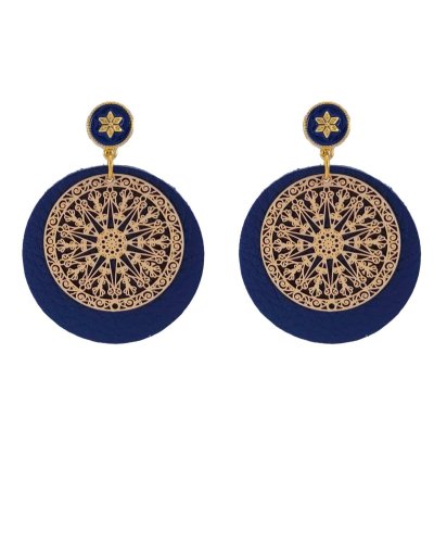 Boucles d’oreilles à clip cuir vegan bleu marine et filigrane doré Ultra-confort – Création Tara Pépita