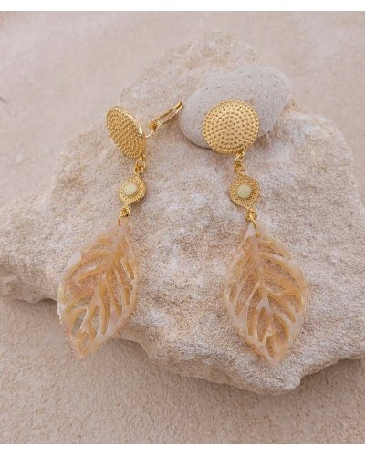 Boucles d'oreilles à clip feuille acétate beige et blanc Confort quotidien – Création Tara Pépita