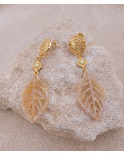 Boucles d'oreilles feuille acétate beige et blanc hypoallergéniques