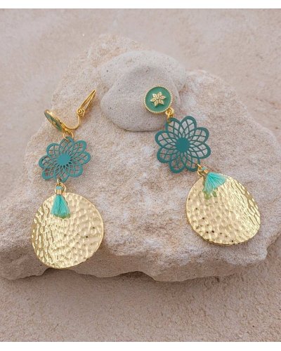 Boucles d'oreilles clip vert d'eau pendantes Ultra-confort – Création Tara Pépita