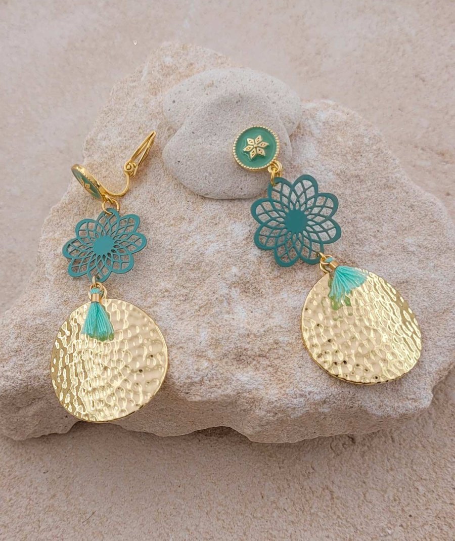 Boucles d'oreilles clip vert d'eau pendantes Ultra-confort – Création Tara Pépita