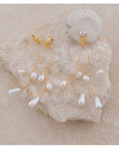 Boucles d'oreilles à clip mariage perles et cristal Ultra-confort – Création Tara Pépita