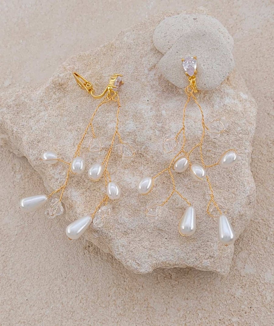 Boucles d'oreilles à clip mariage perles et cristal Ultra-confort – Création Tara Pépita