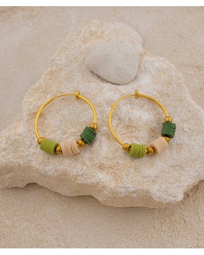 Créoles clip acier doré 3 cm charms tons verts - L'ultra-confort par Tara Pépita